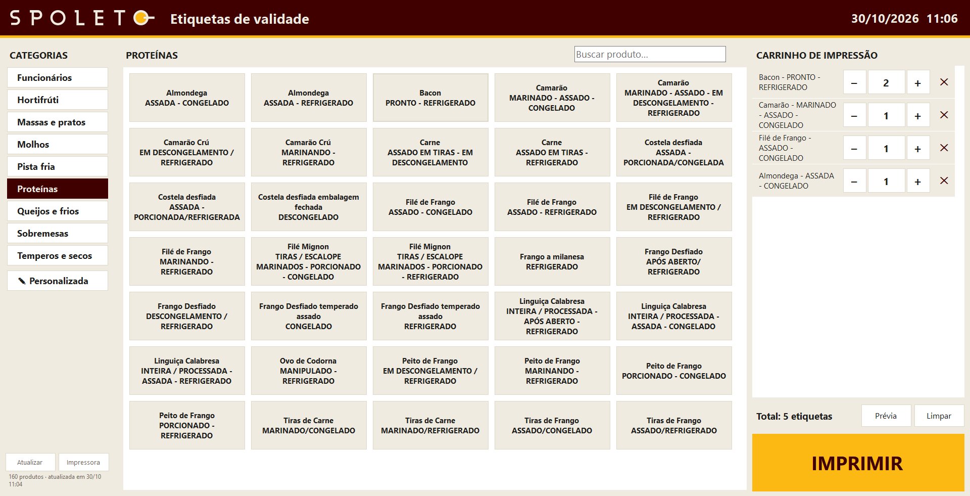 Programa de etiquetas com categorias, lista de produtos e carrinho de impressão com cinco etiquetas